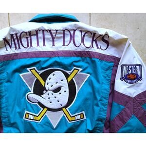 Anaheim Mighty Ducks 90s NUTMEG puffer Campri jacket XL teal purple NHL vintage